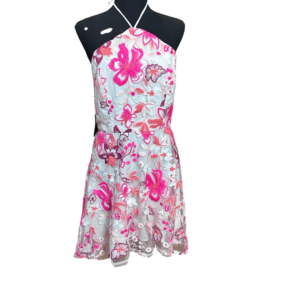 Alexia Admor Women Pink Floral Embroidered Halter Dress White Size 10 NWT Hi Lo